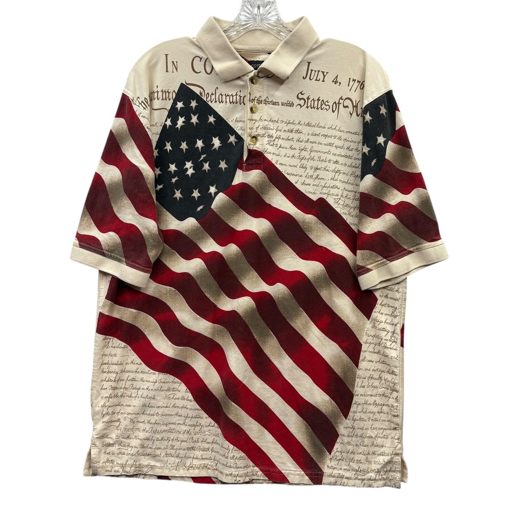 Vintage‎ Cotton Traders Sport Mens Patriotic Polo Shirt US Flag Declaration L